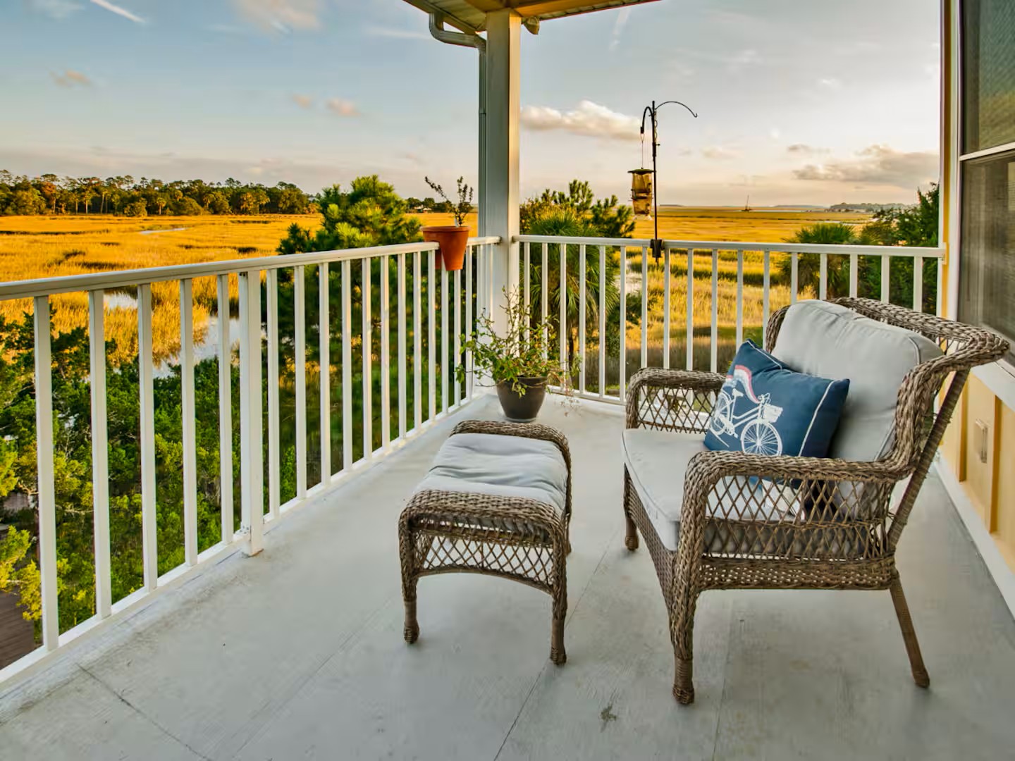 Private porch overlooking the marsh at Blue Heron Waterfront Home